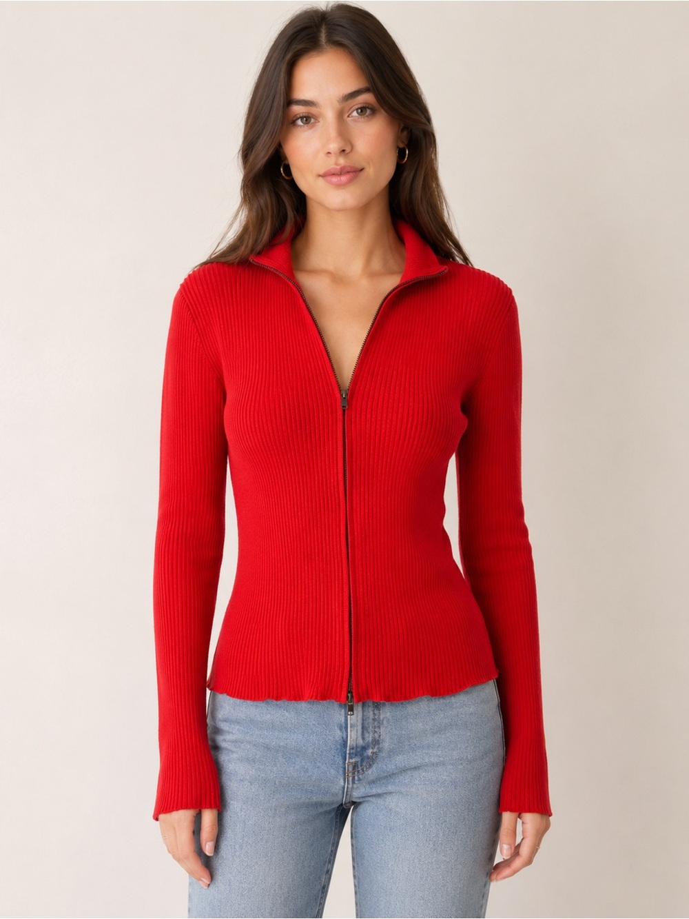 Future Collective Red Ribbed Zip Front Sweater Top XL No Flaws Fall, Winter Wear